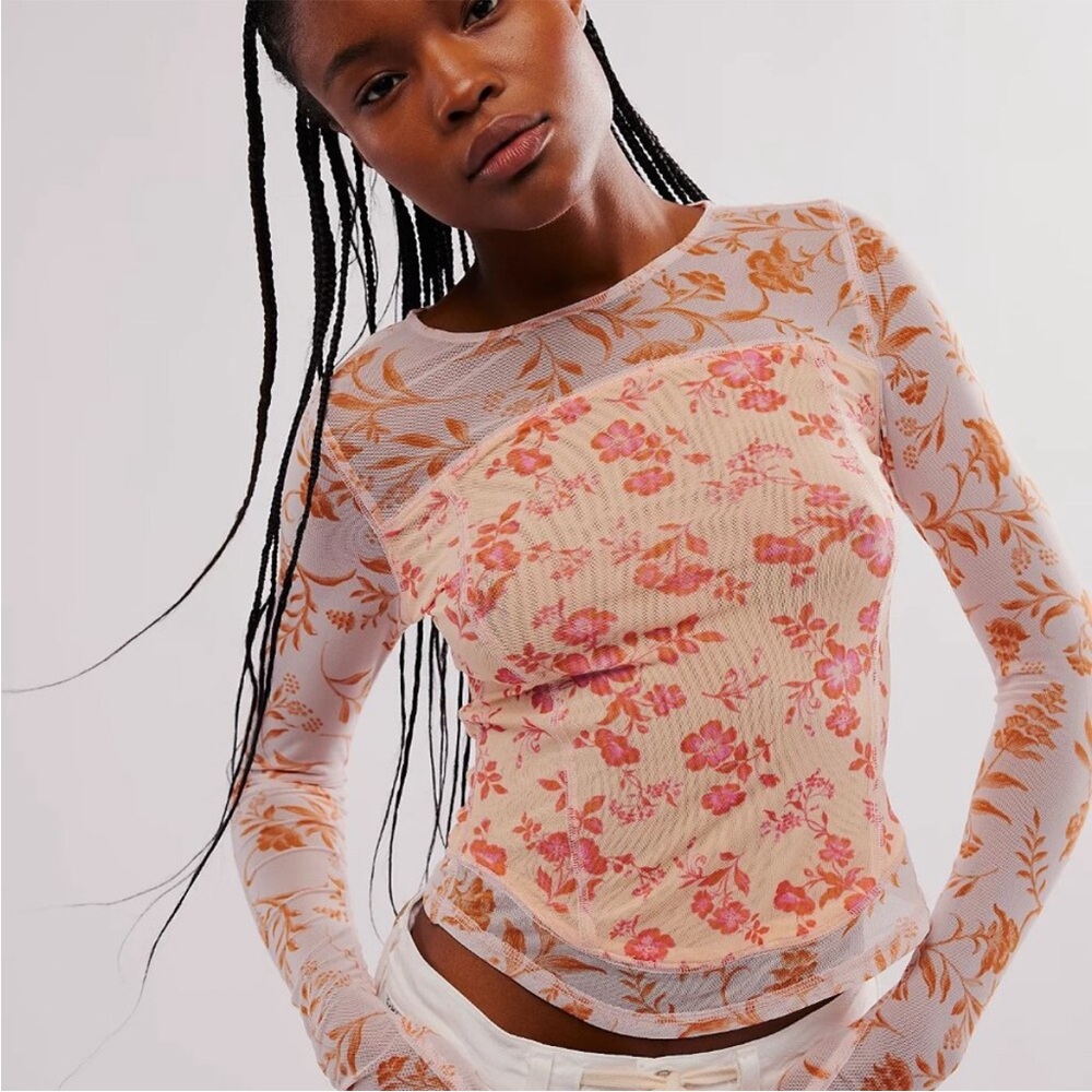 Free People Betty’s Garden Shirt Size XS Floral Sheer Peach Pink NWT